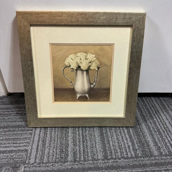 Silver/gold frame with floral artwork Artist Cristin Areia, 12.5" x 12.5" - Picture 1 of 4